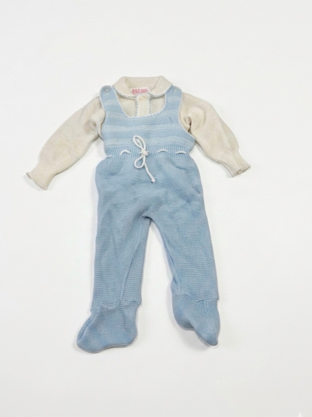 Vintage Knit Footed One-Piece in Light Blue and Cream
